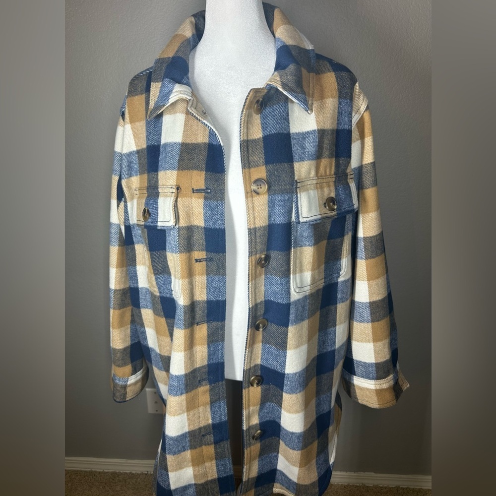 Old Navy Blue Tan White Plaid Utility Shacket Jacket Gorpcore Cabincore Size M - Picture 2 of 12
